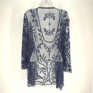 Navy‎ Embroidered Sheer Mesh Kimono Cardigan Lace Trim Cover Up Boho Festival